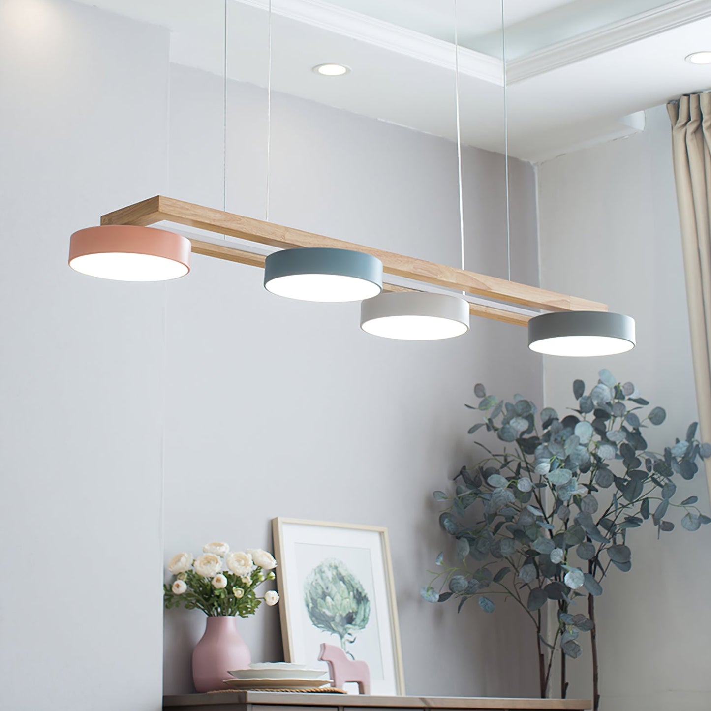 Vogel-Kronleuchter, Holzbalken, Metall, Acrylharz, integrierte LED, helles weißes Licht