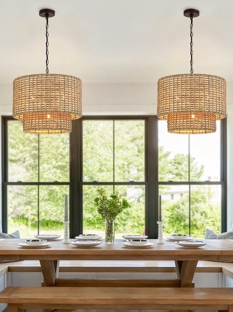 Natürliche Rattan Doppeltrommel Pendelleuchte für Schlafzimmer