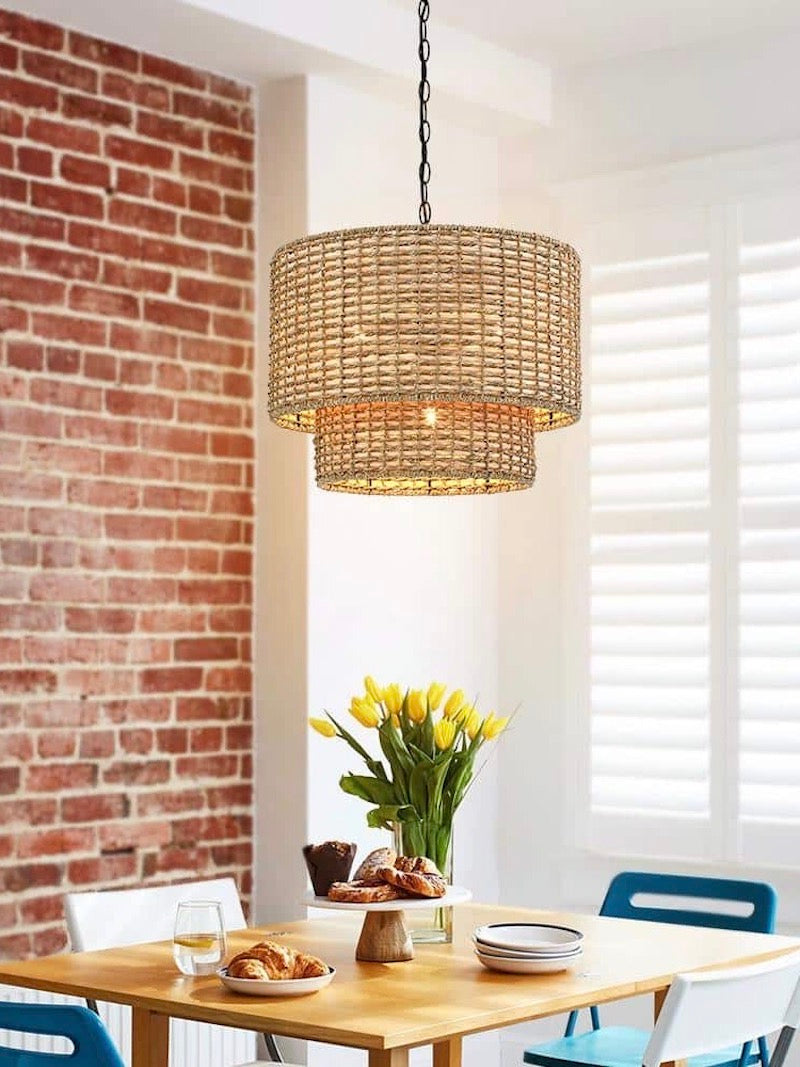 Natürliche Rattan Doppeltrommel Pendelleuchte für Schlafzimmer