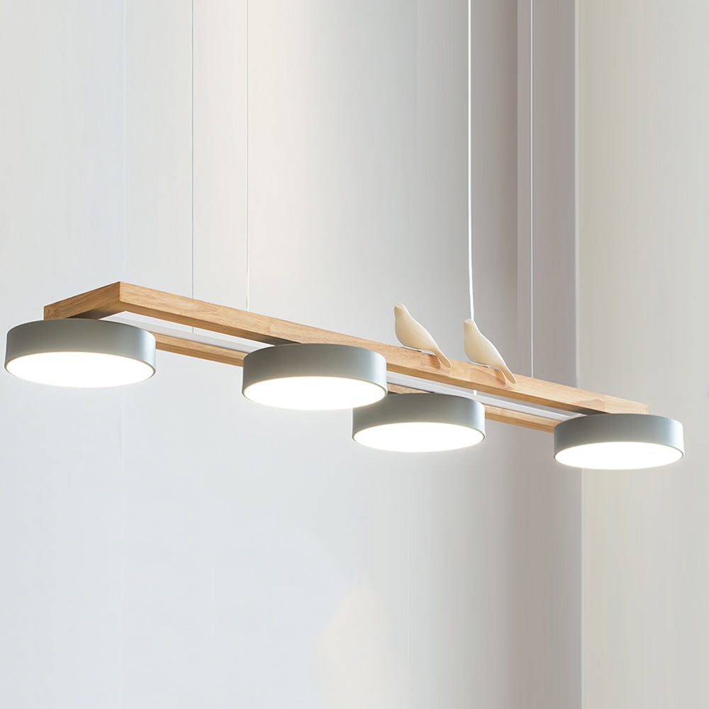 Vogel-Kronleuchter, Holzbalken, Metall, Acrylharz, integrierte LED, helles weißes Licht