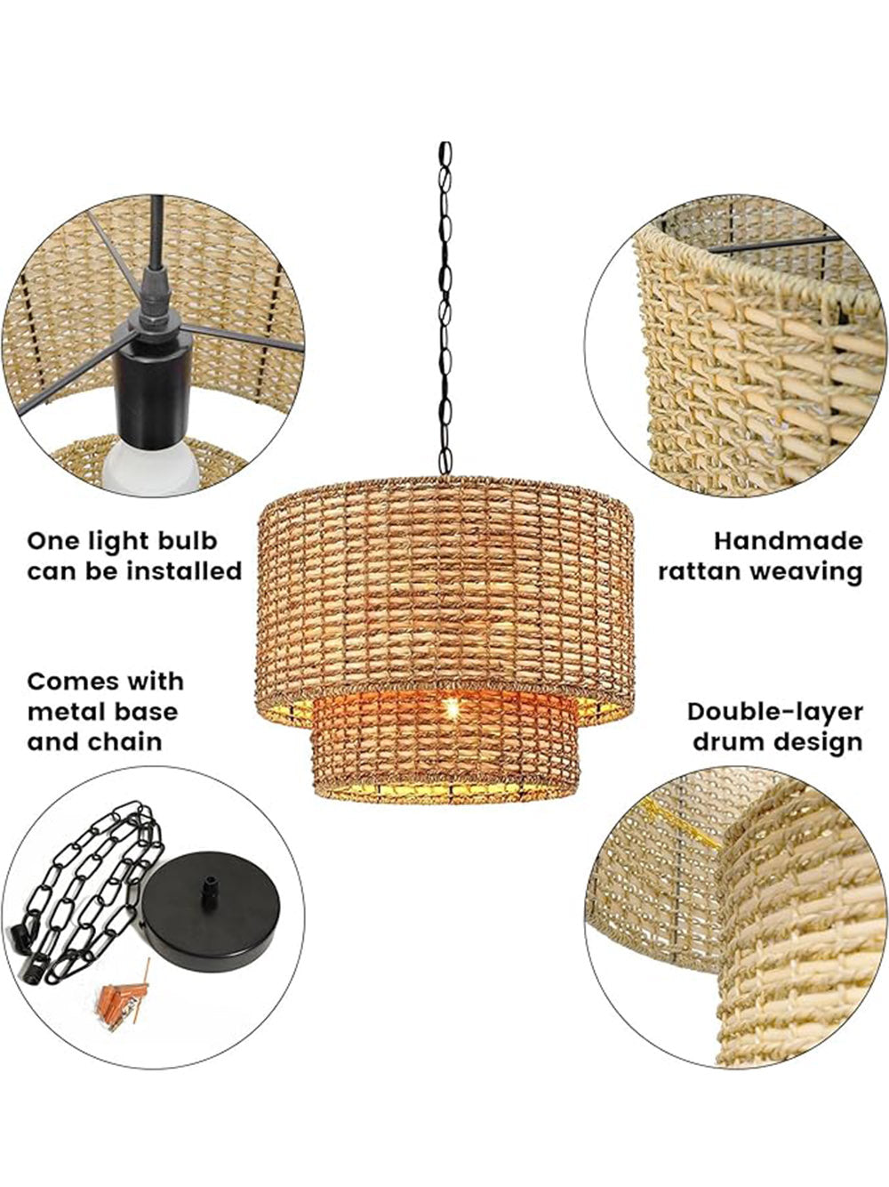 Natürliche Rattan Doppeltrommel Pendelleuchte für Schlafzimmer