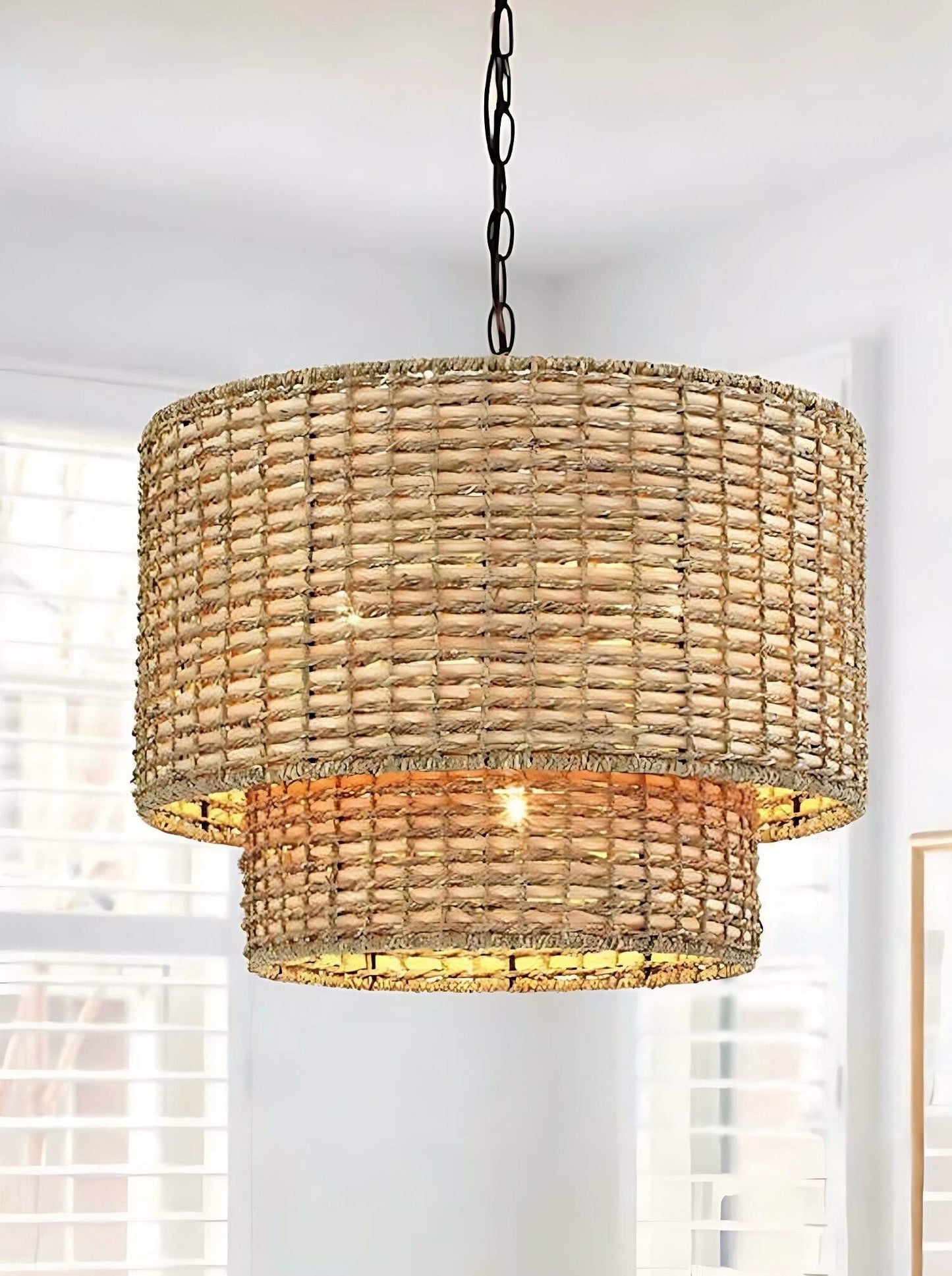 Natürliche Rattan Doppeltrommel Pendelleuchte für Schlafzimmer