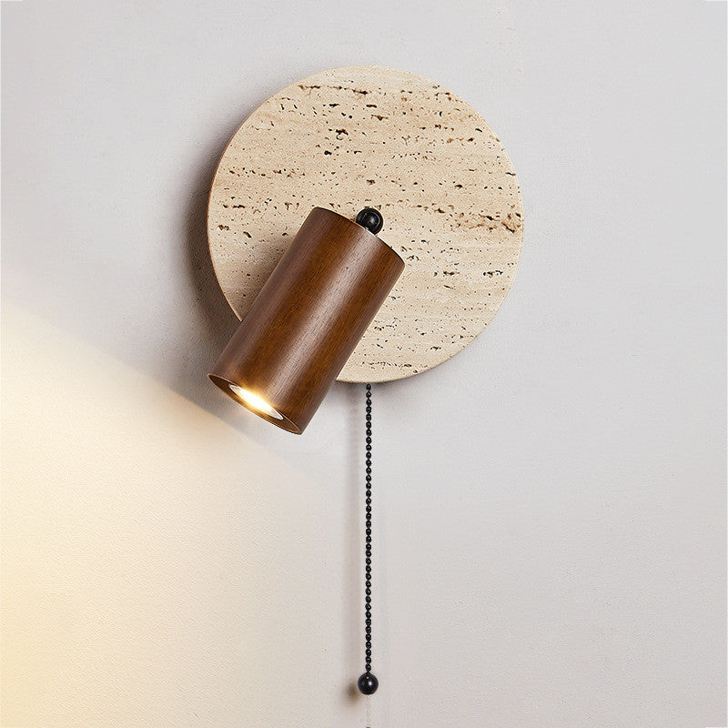 Wabi Sabi Style Travertine Cylinder Wall Lamp with Pull chain Switch
