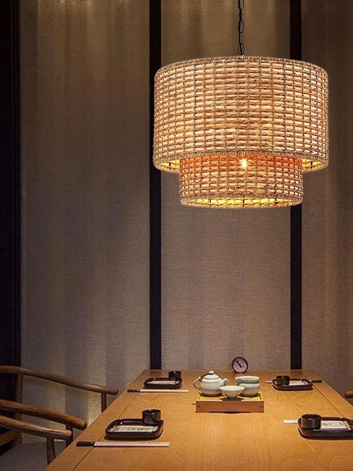Natürliche Rattan Doppeltrommel Pendelleuchte für Schlafzimmer