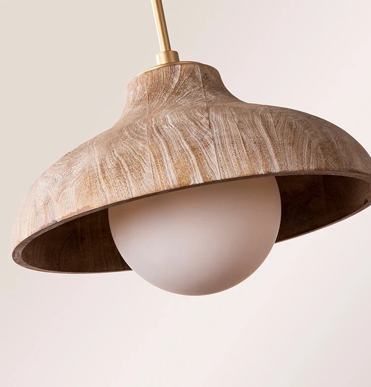 Close view of the wood shade and glass globe