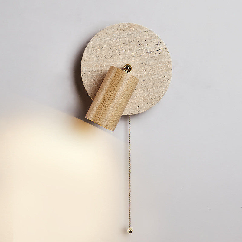 Zylinderförmige Wandleuchte aus Travertin im Wabi-Sabi-Stil mit Zugkettenschalter