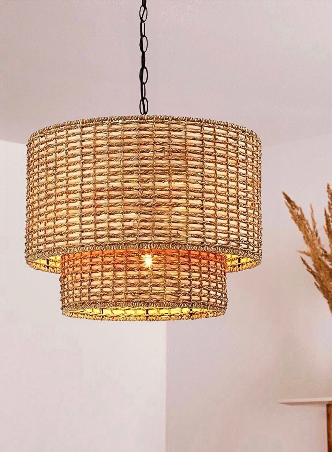 Natürliche Rattan Doppeltrommel Pendelleuchte für Schlafzimmer