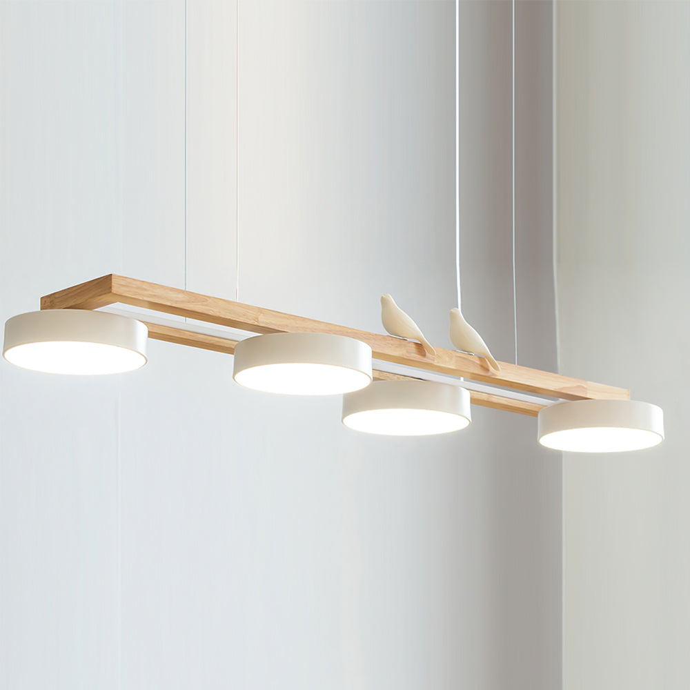 Vogel-Kronleuchter, Holzbalken, Metall, Acrylharz, integrierte LED, helles weißes Licht