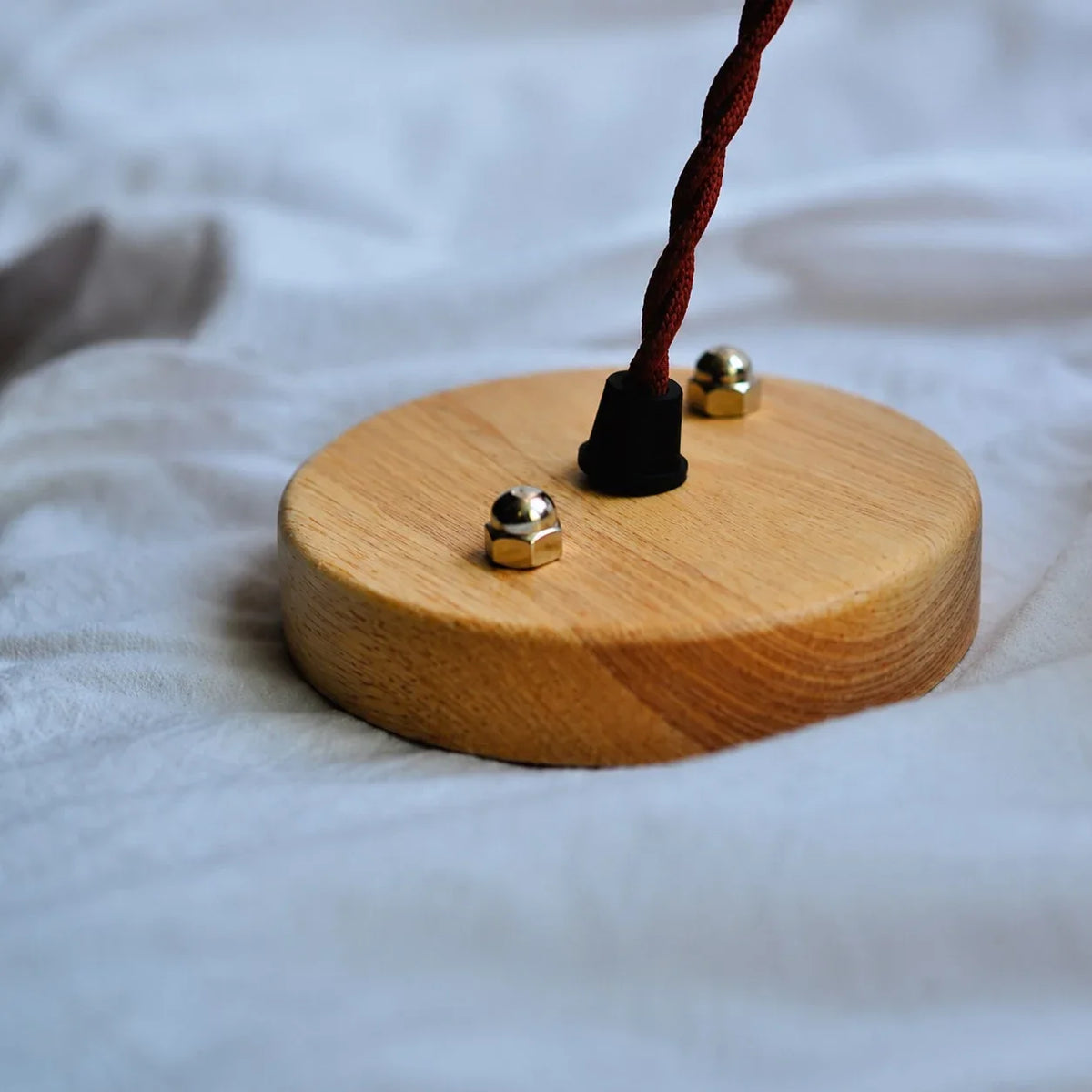 Wood canopy and twisted cord detail for pendant lamp