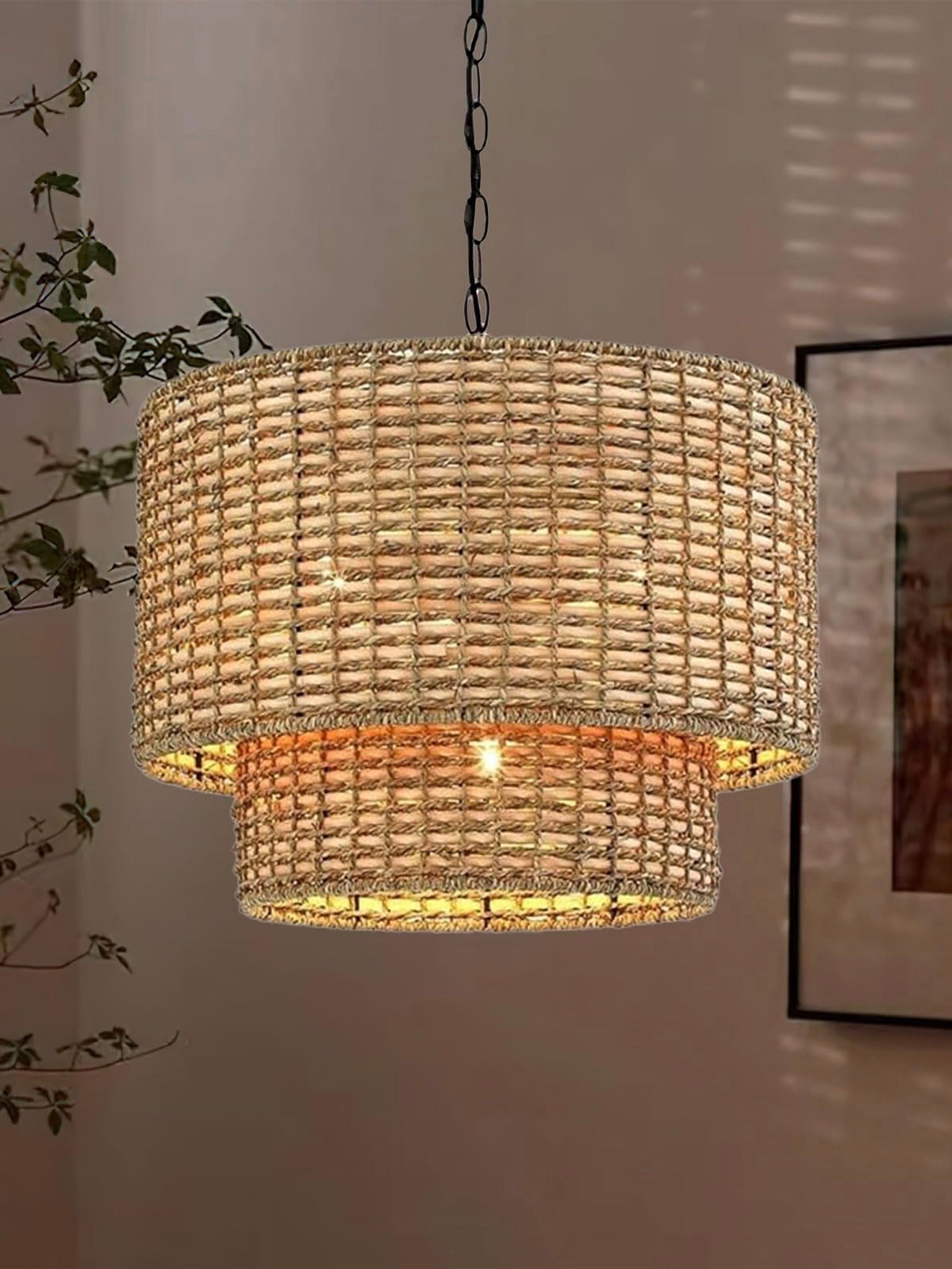 Natürliche Rattan Doppeltrommel Pendelleuchte für Schlafzimmer