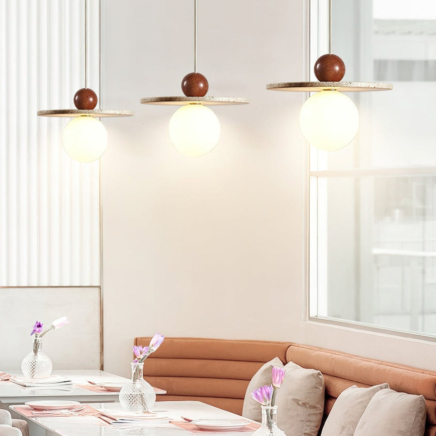 Hängelampe aus Travertin im cremefarbenen Flying Disc-Stil