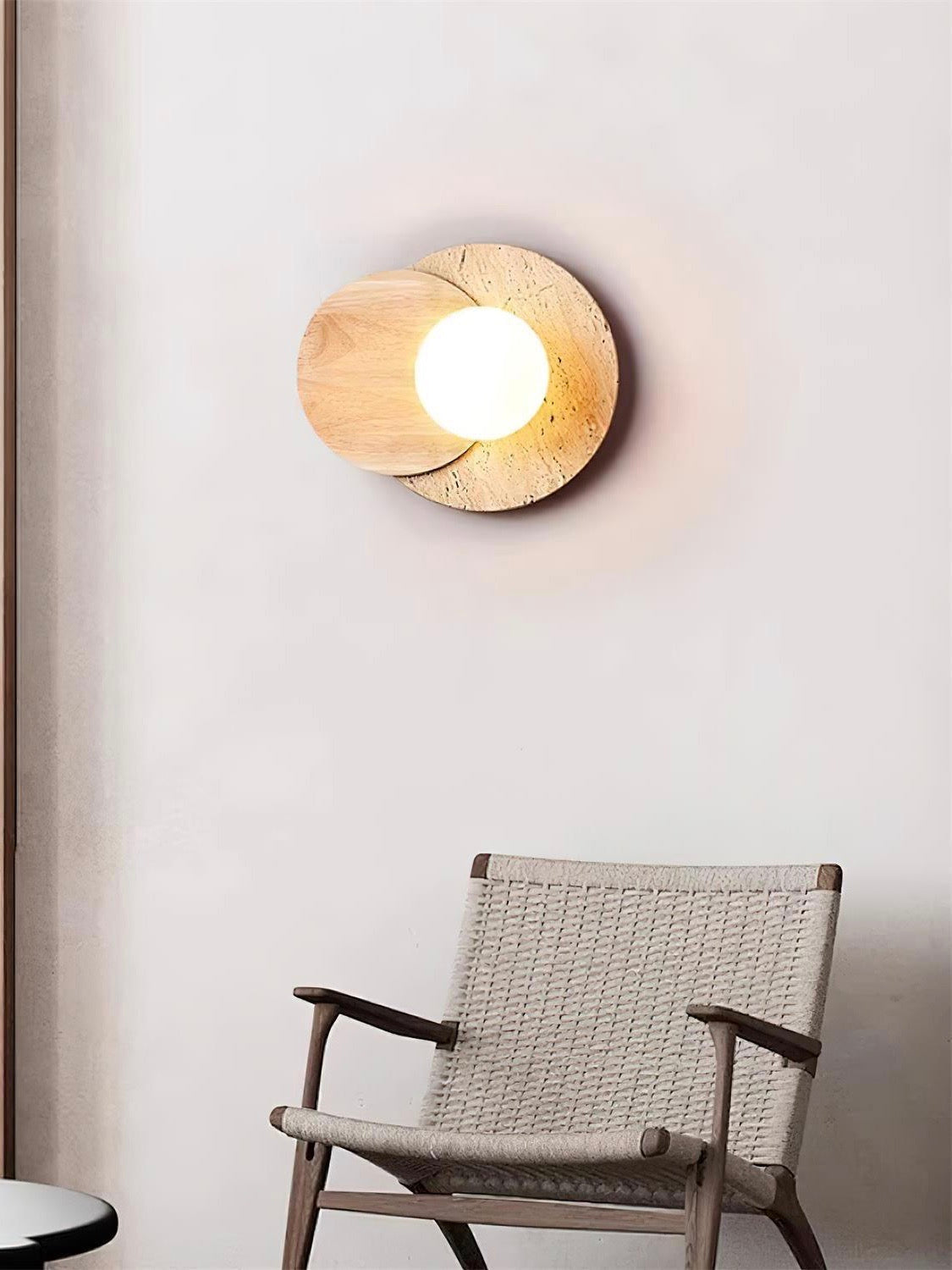 Wabi Sabi Style Travertine Wood Round Wall Lamp