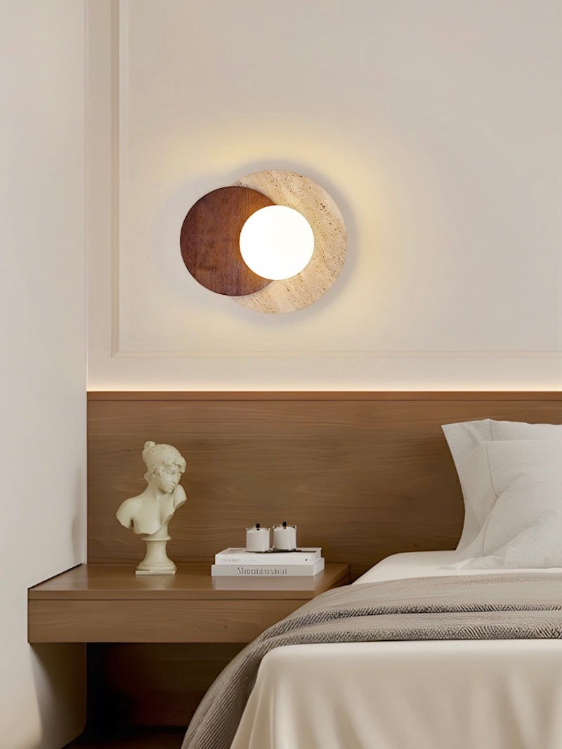 Wabi Sabi Style Travertine Wood Round Wall Lamp