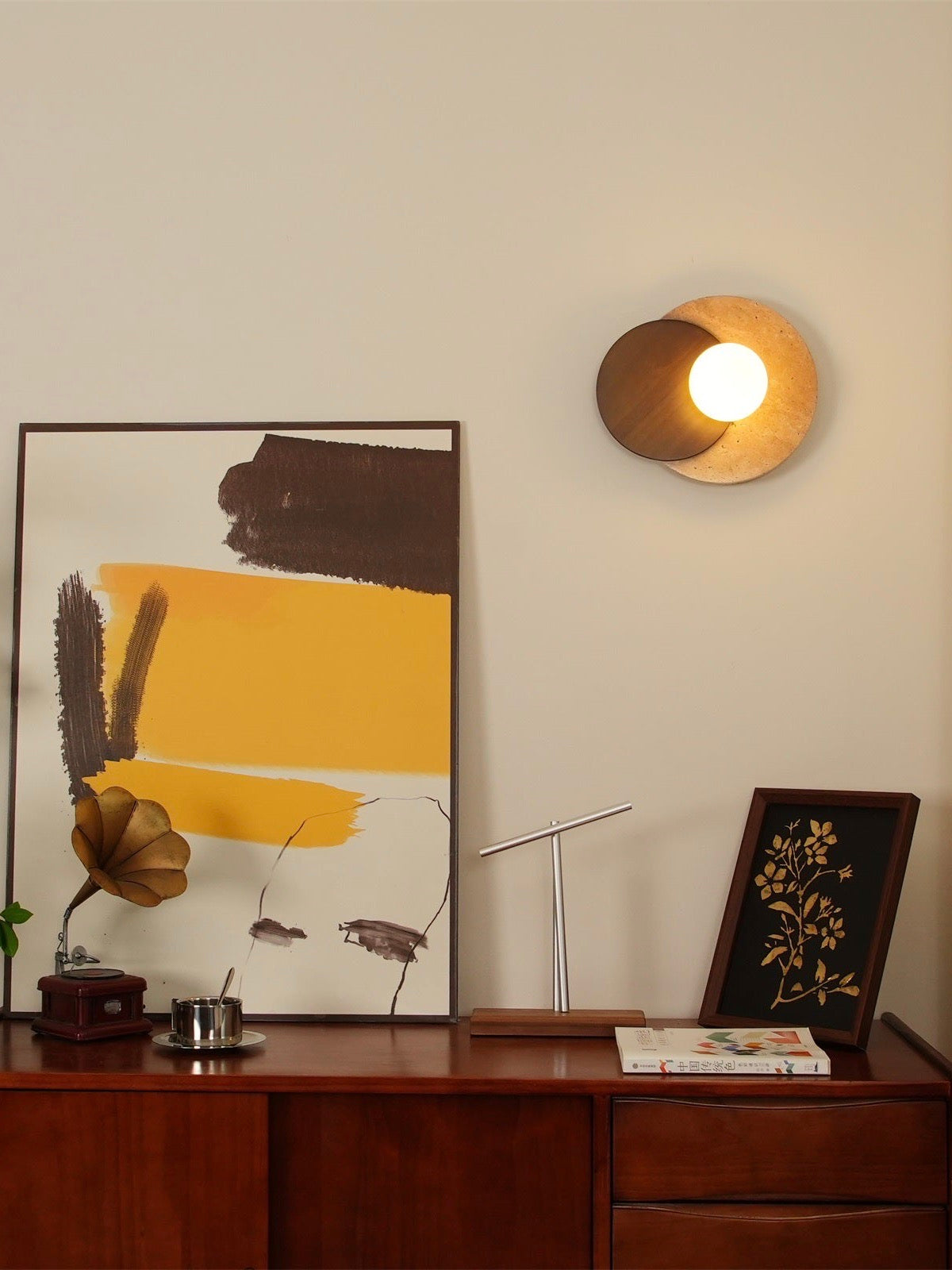 Wabi Sabi Style Travertine Wood Round Wall Lamp