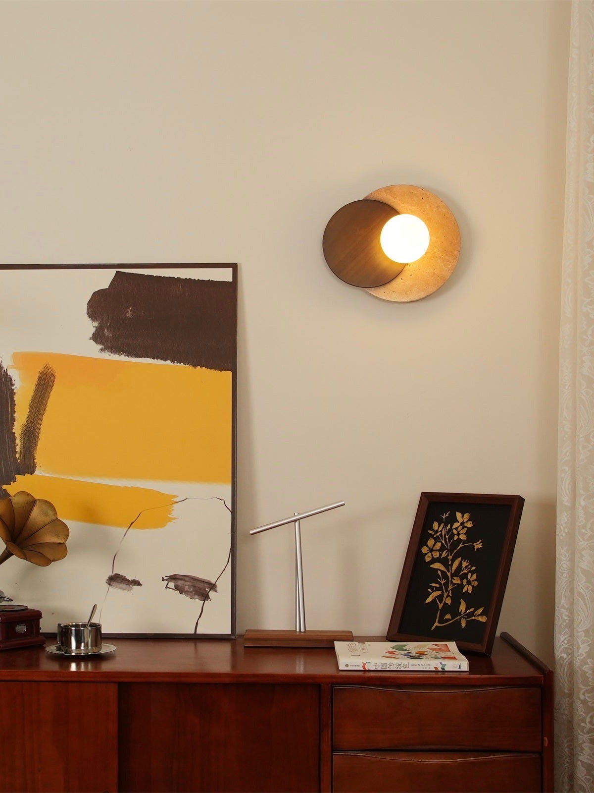 Wabi Sabi Style Travertine Wood Round Wall Lamp