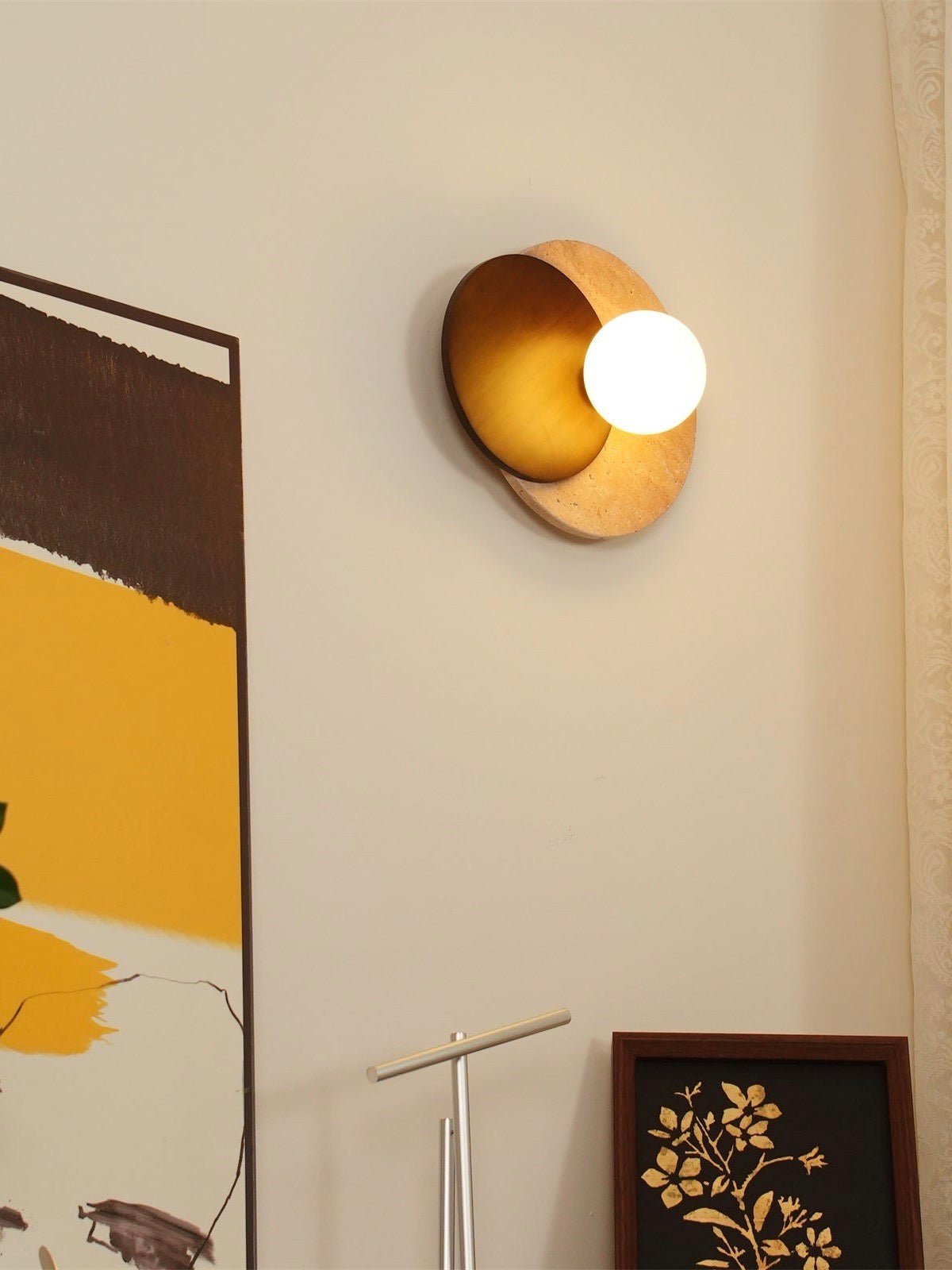 Wabi Sabi Style Travertine Wood Round Wall Lamp
