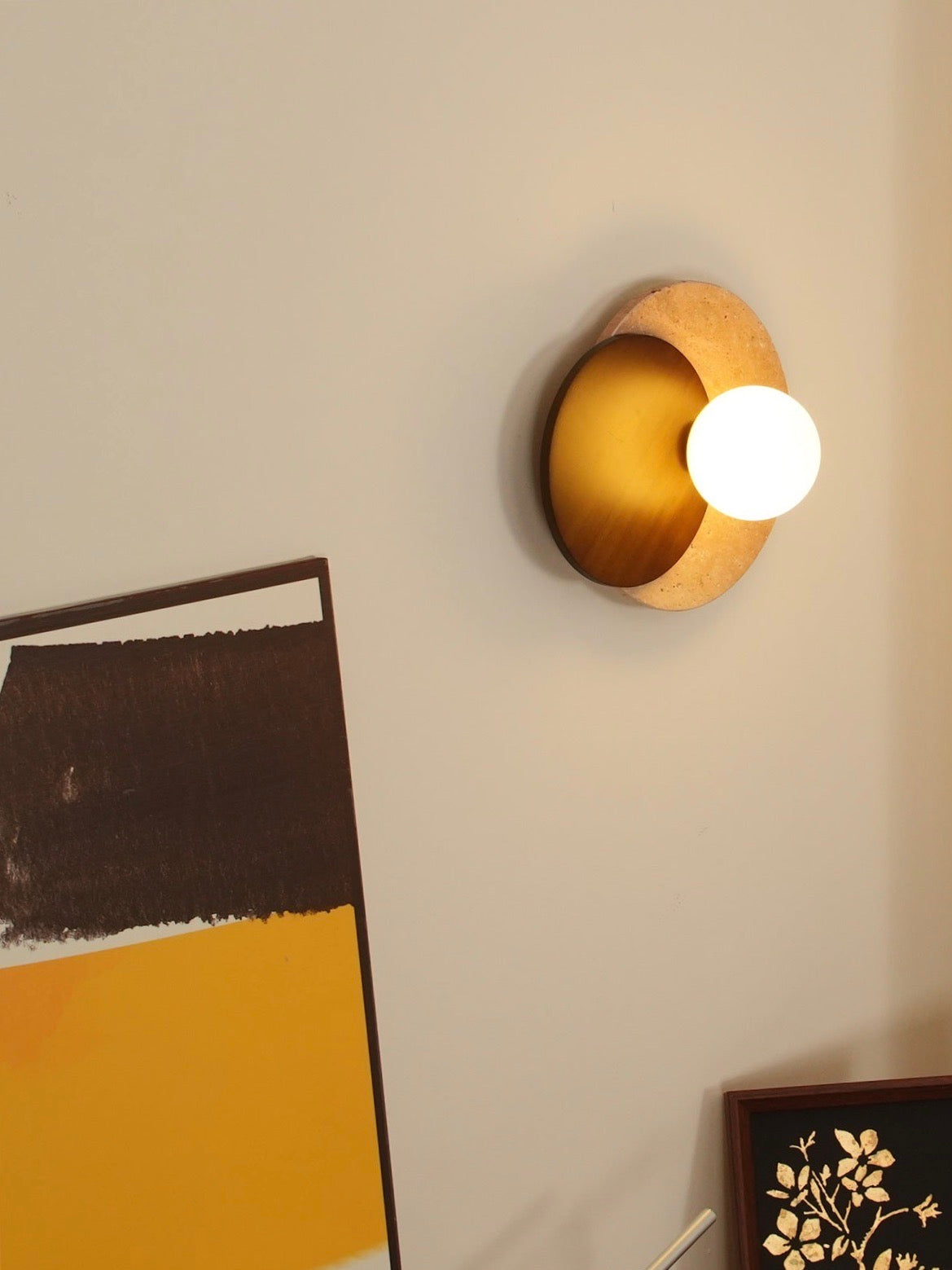 Wabi Sabi Style Travertine Wood Round Wall Lamp