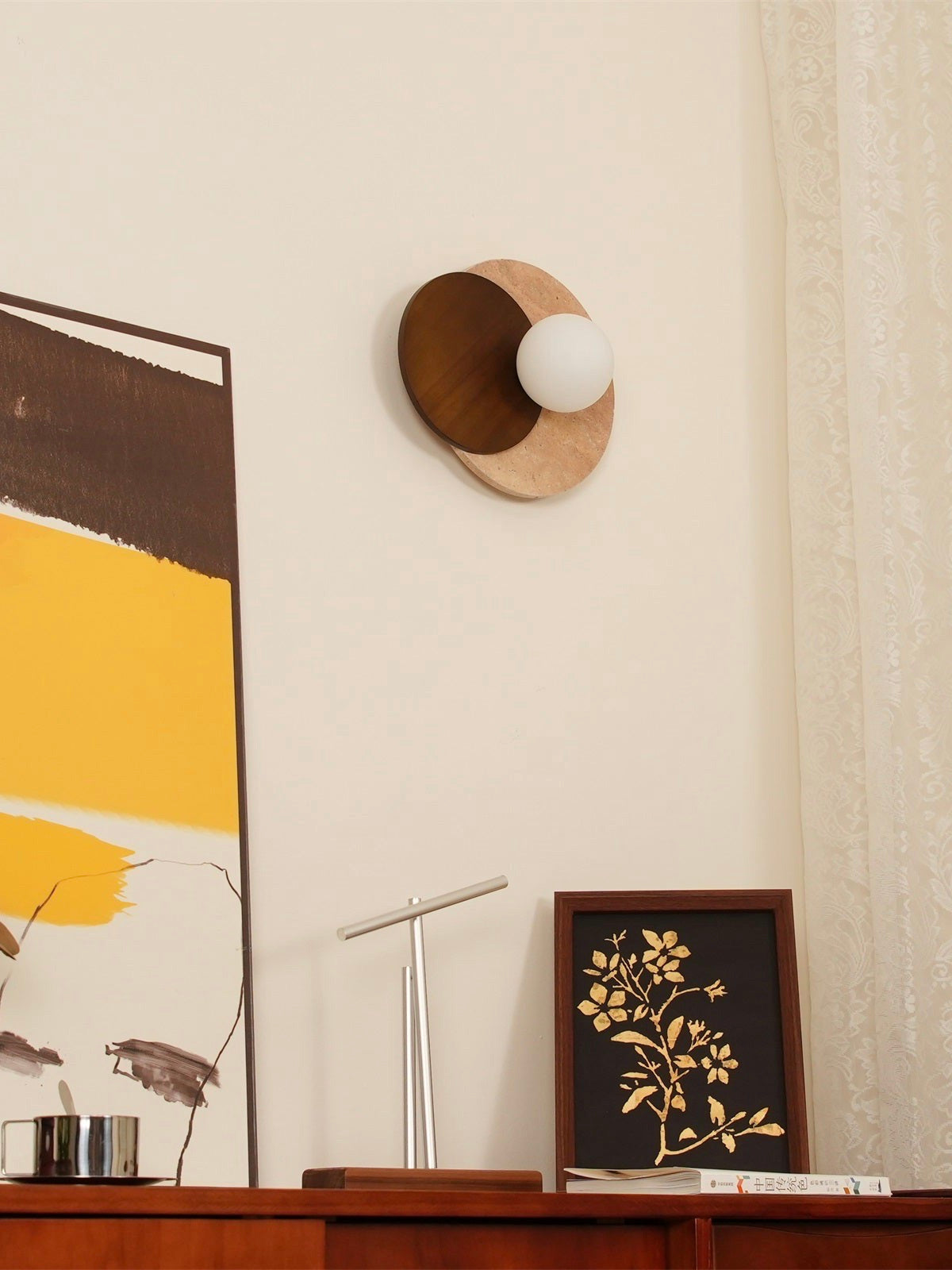Wabi Sabi Style Travertine Wood Round Wall Lamp