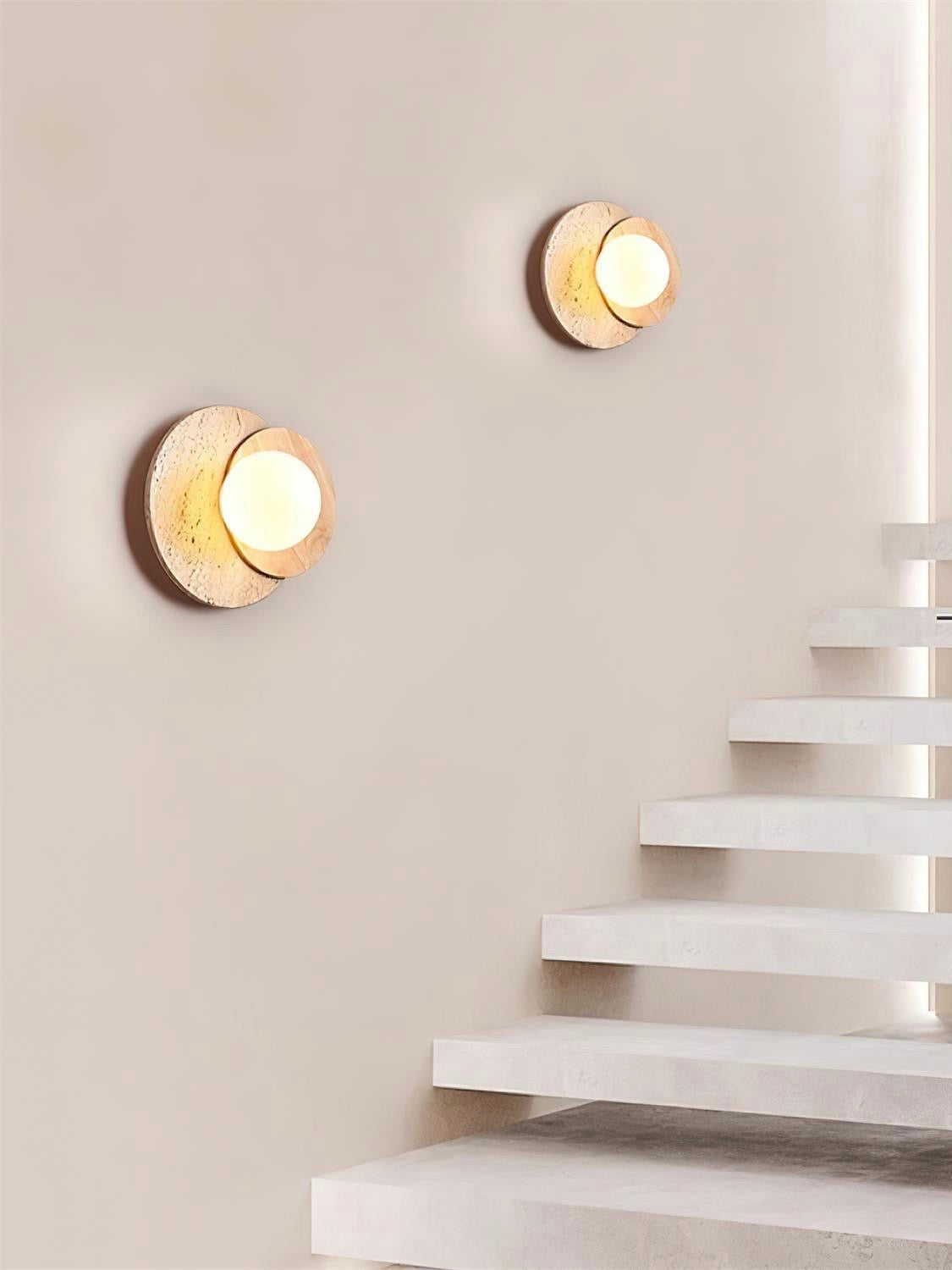 Wabi Sabi Style Travertine Wood Round Wall Lamp