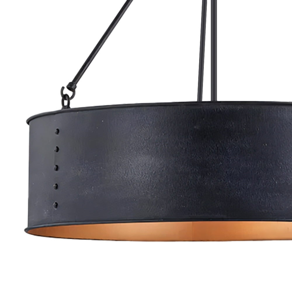 Dravik Contemporary Industrial Drum Pendant — Black Metal Pendant for Living or Dining Room U06