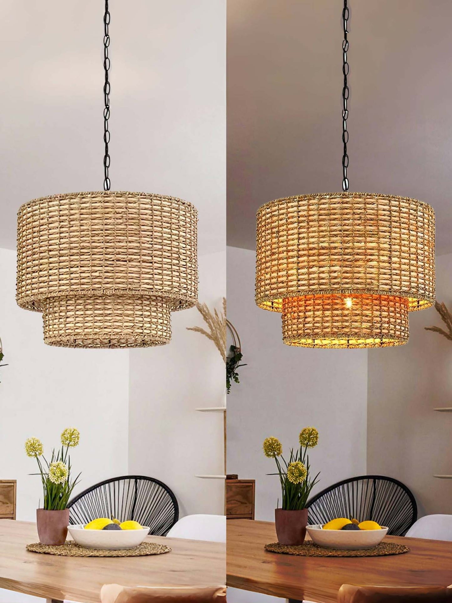 Natürliche Rattan Doppeltrommel Pendelleuchte für Schlafzimmer