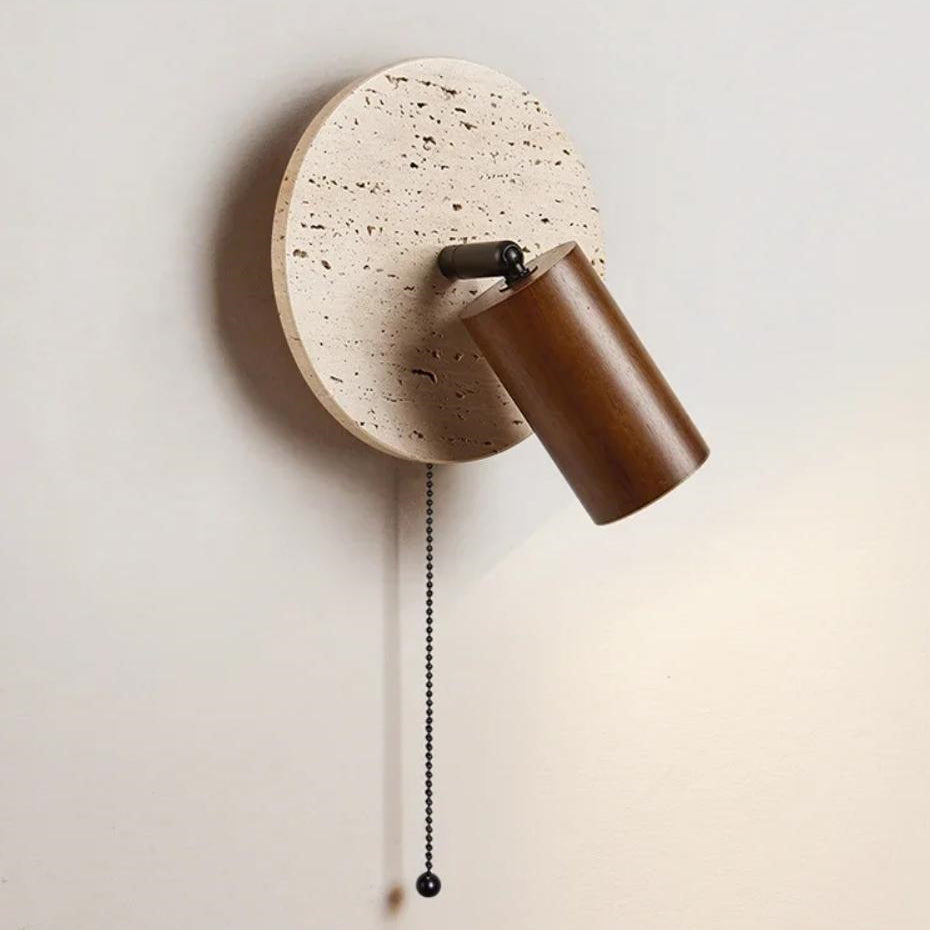Zylinderförmige Wandleuchte aus Travertin im Wabi-Sabi-Stil mit Zugkettenschalter