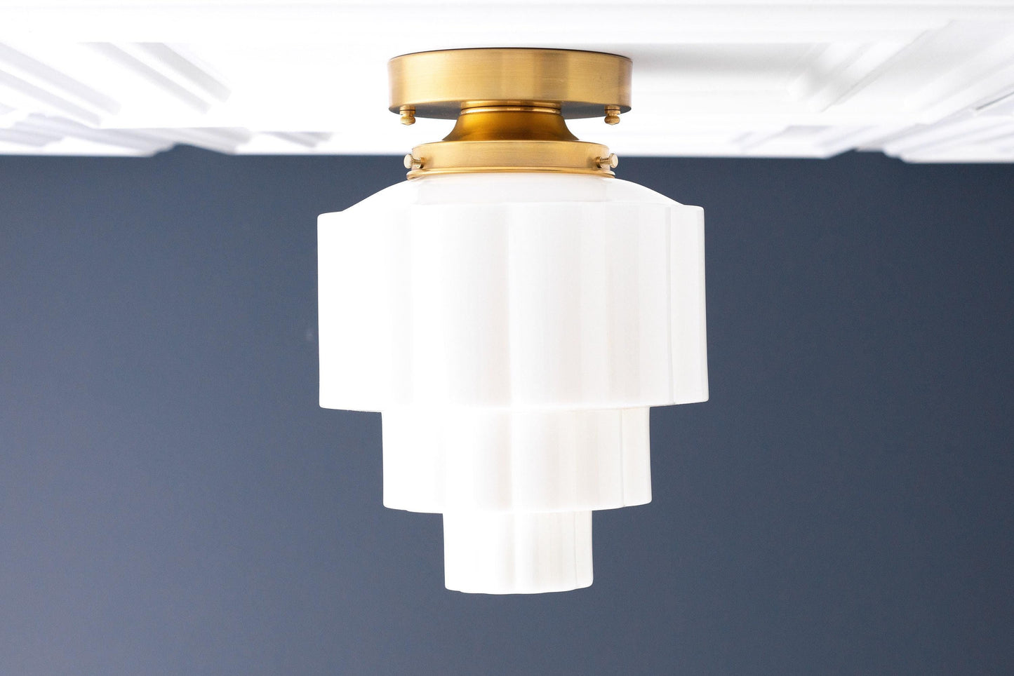 Geotower Glass Brass Ceiling Light – Art Deco Ribbed Globe Flush Mount