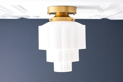 Geotower Glass Brass Ceiling Light – Art Deco Ribbed Globe Flush Mount
