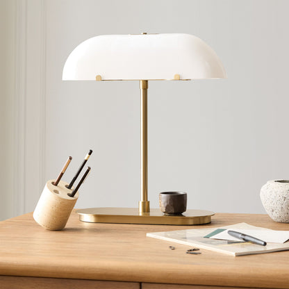 Ferosa Boat-Shaped Lampshade Table Lamp – Vintage Bronze Finish with Milk Glass Shade