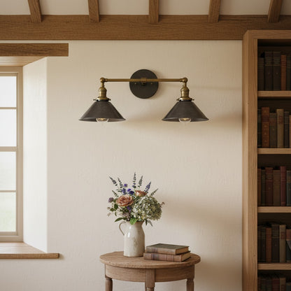 Conique Metal Industrial Wall Sconce with Dual Cone Shades - Vintage Metal Finish