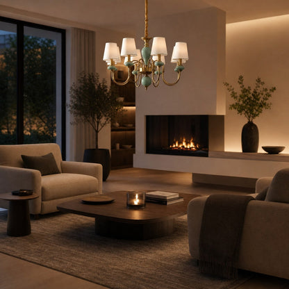 Altoris Series Branch Chandelier with Fabric Shades – Brass Ceramic Chandelier for Living Room