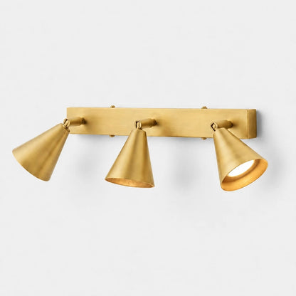 Three-head brass adjustable cone wall lamp on linear backplate