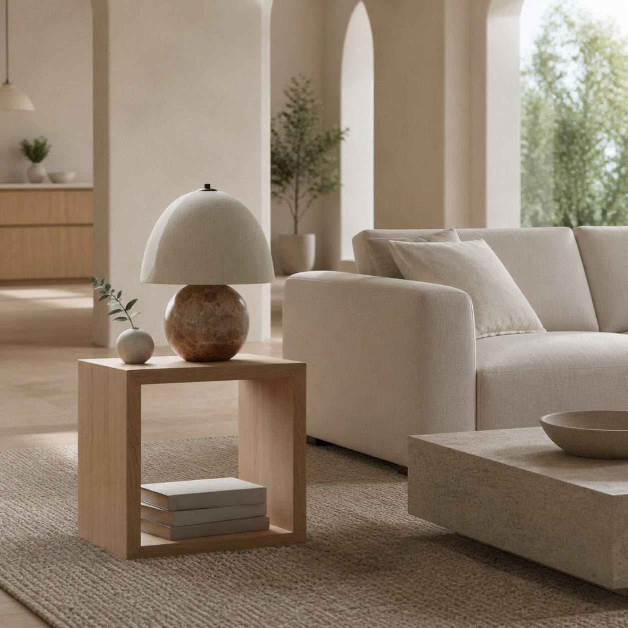 Cordove Table Lamp Sculptural Sphere Base Artistic Table Light - Linen Shade for Bedroom Living Room