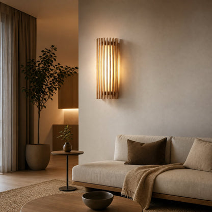 Boskelux Walnut Wall Lamp – Curved Backplate and Diffused Glow for Living Rooms or Hallways