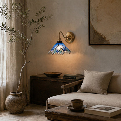 Blue Stained Glass Wall Sconce With Curved Arm