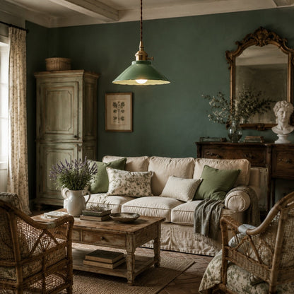 Plum green ceramic pendant light in a vintage living room