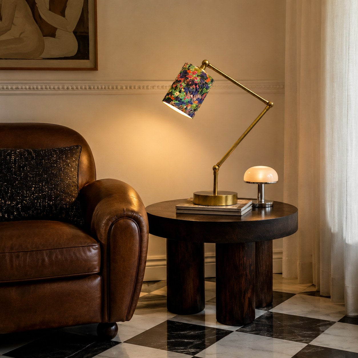 Adjustable Brass-Tone Floral Fabric Table Lamp