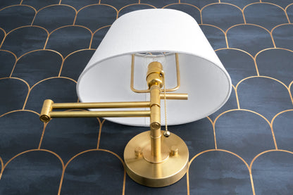 Ornato Brass Swing Arm Wall Sconce with White Cloth Shade for Bathroom Vanity or Hallway