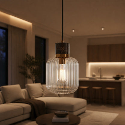 Korlisse Pendelleuchte aus Naturstein und Glas – Stilvolle Lampe für Wohnzimmer oder Lounge