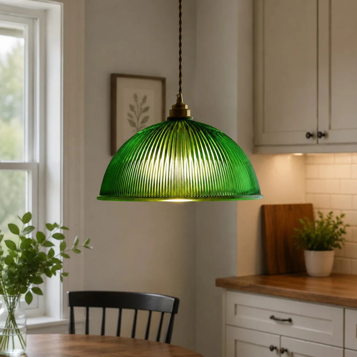 Emerald green ribbed glass pendant installed above a kitchen counter