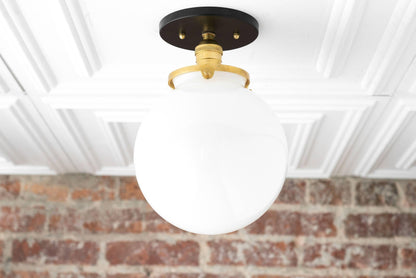 Glorica Glass Mid Century Semi Flush Ceiling Light - White Opal Glass Globe Fixture