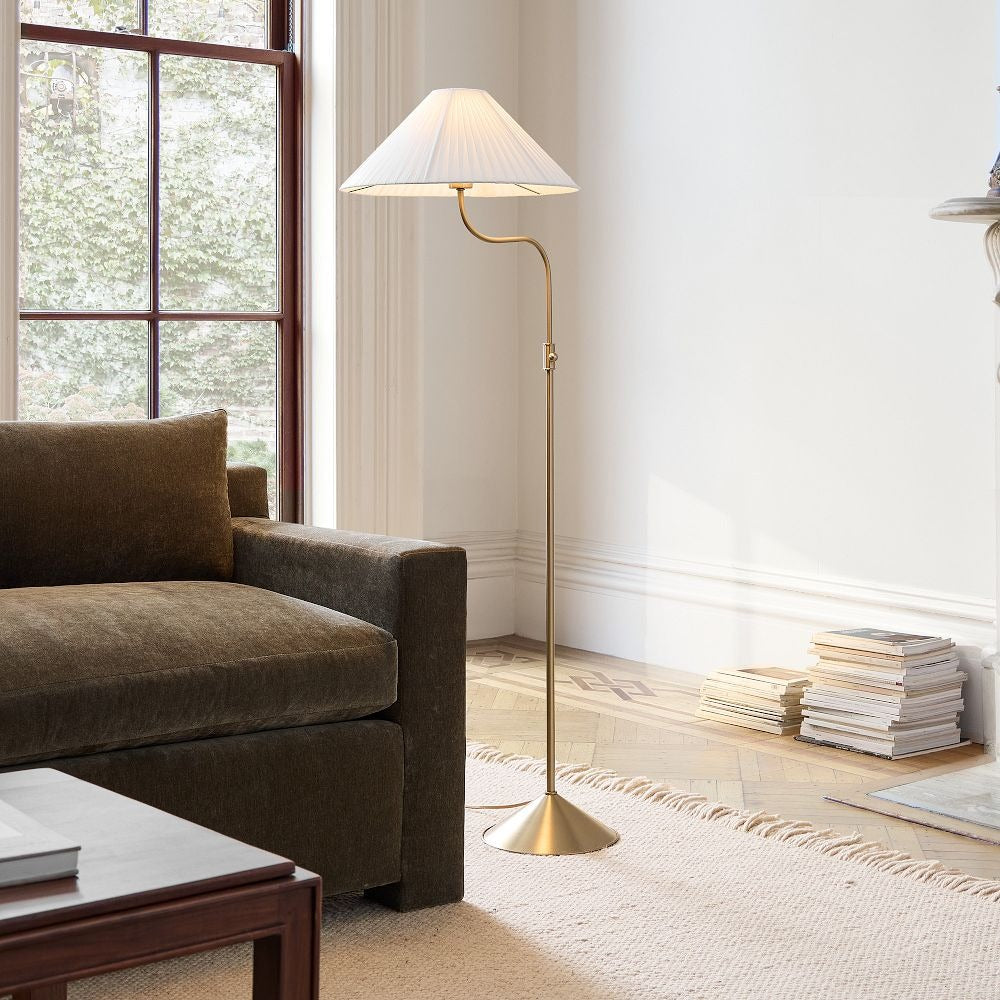 Fibura Modern Linen-Shade Adjustable Floor Lamp with Sleek Metal Arc for Living Rooms and Bedrooms