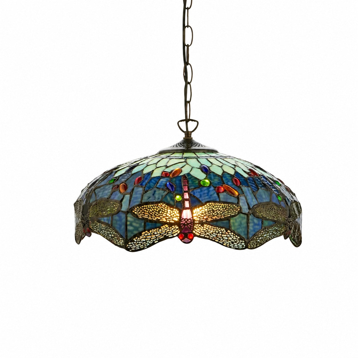 TF Dragonfly Blue Tiffany-Deckenleuchte – Jugendstil-Pendelleuchte aus Buntglas für Wohnzimmer