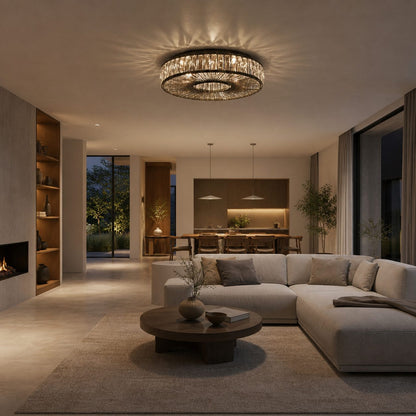 Glomar Glass Round Flush Ceiling Light - Modern Metal Glass Finish Living Areas