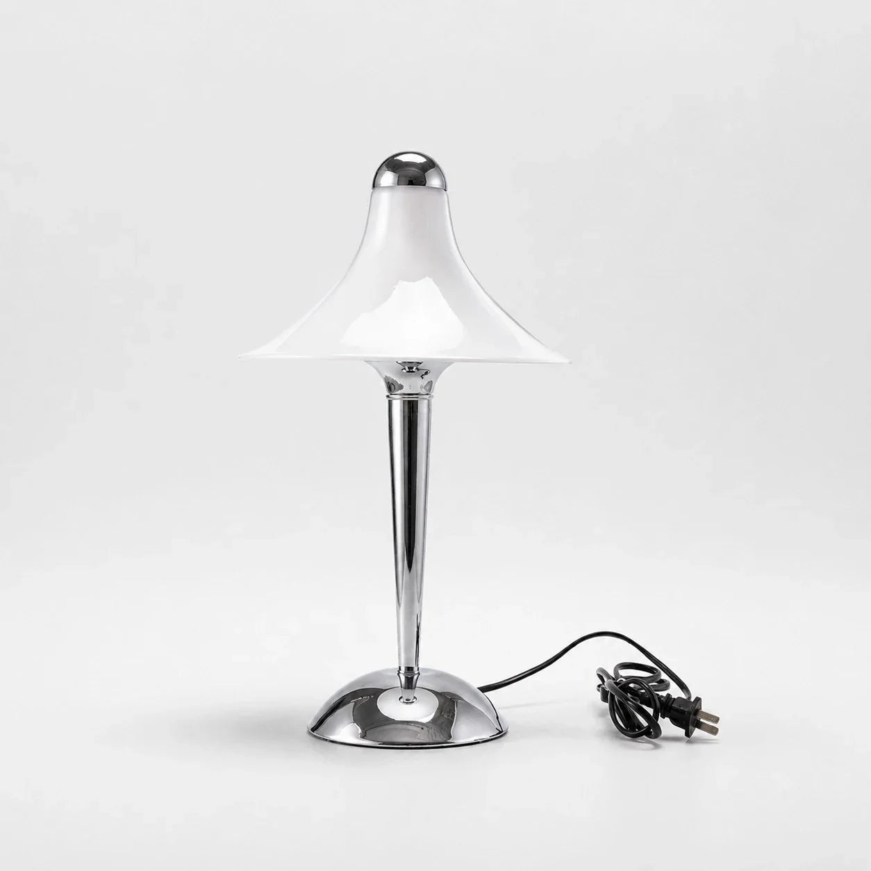 Flared white shade and chrome stem detail