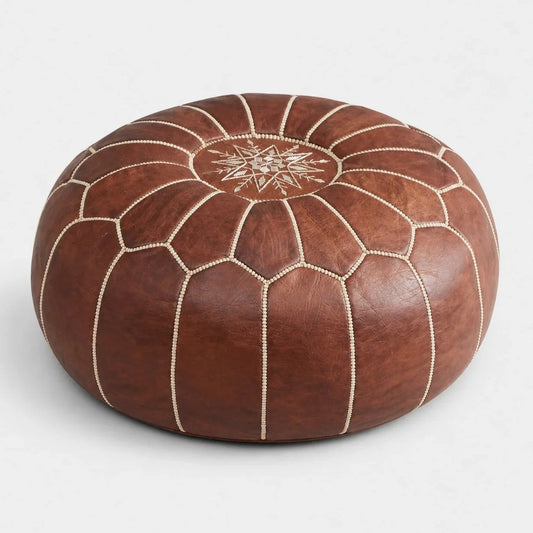 Brown Moroccan Pouf Ottoman, Round Stitched Footrest for Living Room, Bedroom and Boho Decor