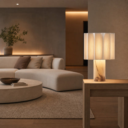 Cavilon Table Lamp with Fan-Shaped Linen Shade - Stone Finishes Suitable for Living Rooms