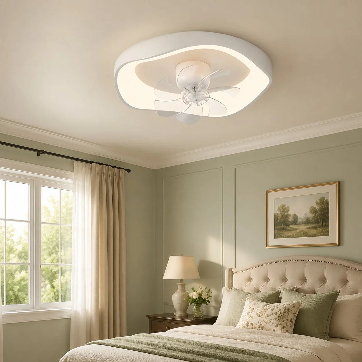 Soft bedroom scene with low profile ceiling fan light