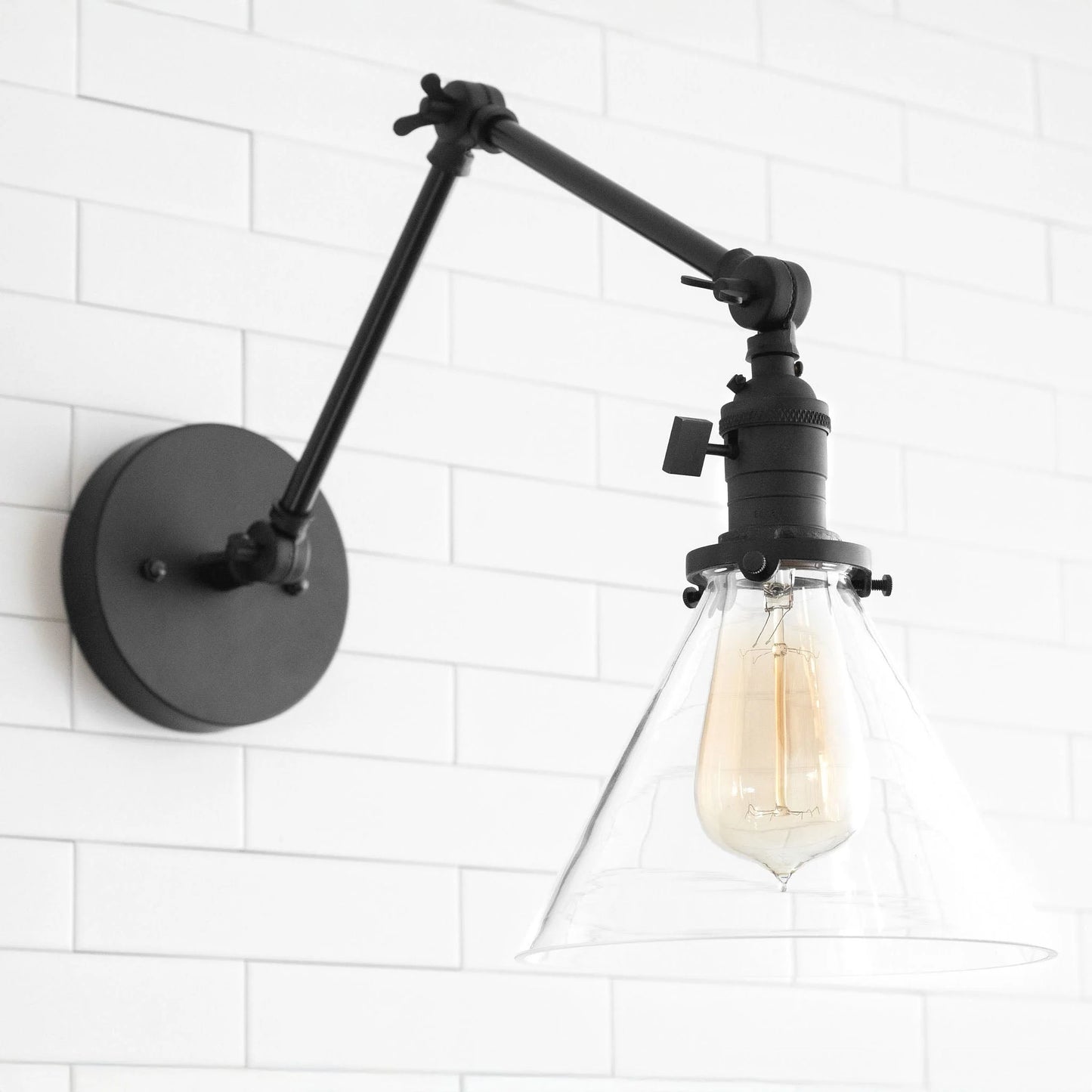 Conique Metal Industrial Wall Sconce with Adjustable Arm - Vintage Glass Cone Shade