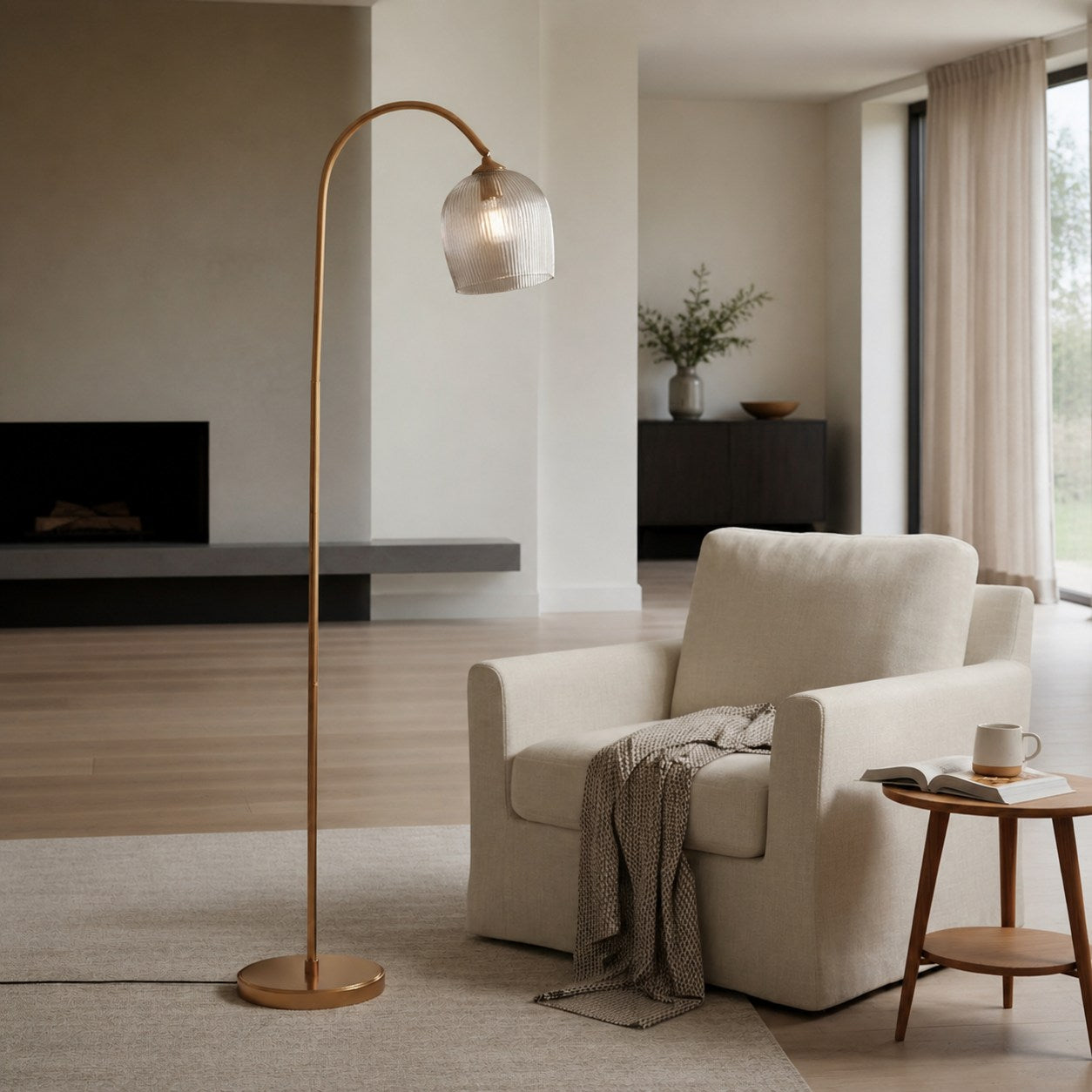 Brazara Adjustable Glass Shade Floor Lamp – Curved Metal Stem for Living Spaces